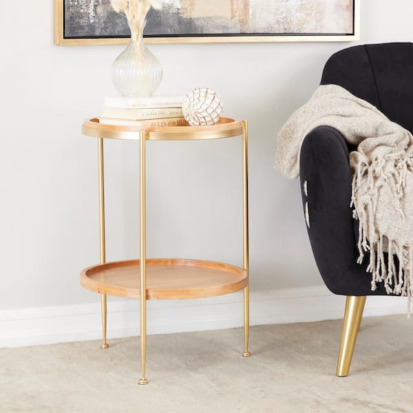 Litton Lane 17 in. Brown 1 Shelf Large Round Wood End Accent Table with Gold Metal Legs