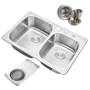Topmount Drop-In 18G Stainless Steel 33-1/8 in. 3-Faucet Hole 60/40 Double Bowl Kitchen Sink with Colander and Strainer