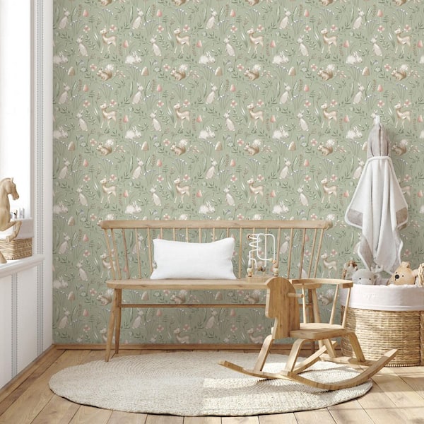 Forest Animals Sage Green Whimsical Wallpaper Sample