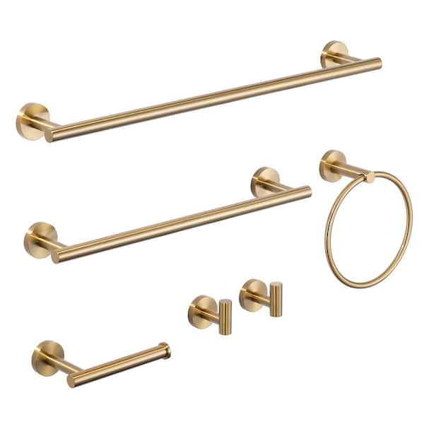 6-Piece Wall Mount Stainless Steel Bathroom Towel Rack Set in Brushed Gold