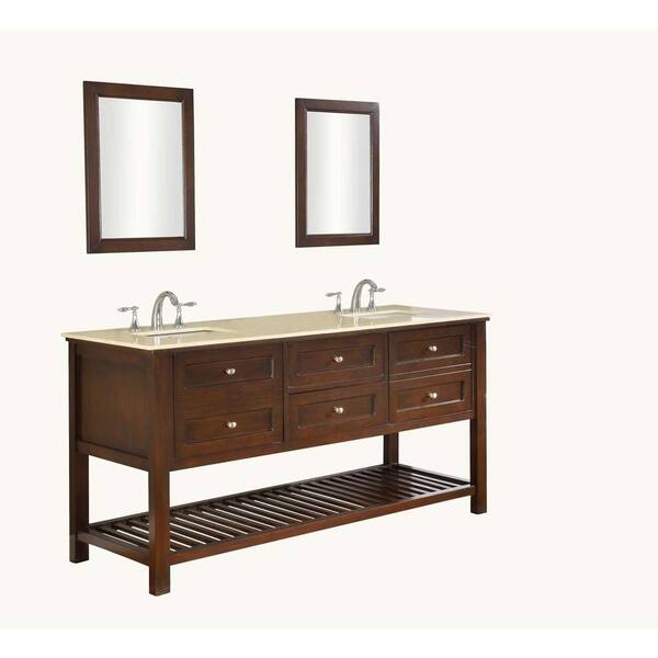 Direct vanity sink Mission Spa 70 in. Double Vanity in Dark Brown with Marble Vanity Top in Beige with White Basin and Mirrors