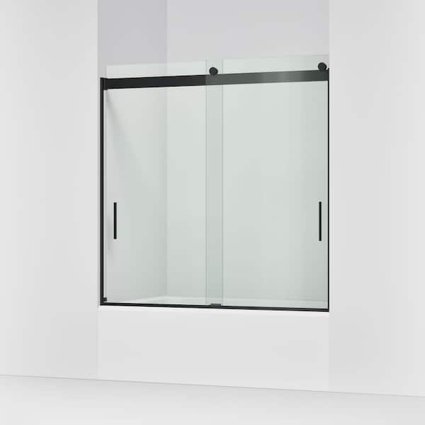 Levity 56-60 in. W x 60 in. H Frameless Sliding Bathtub Door in Matte Black with 1/4 in. Thick Clear Tempered Glass