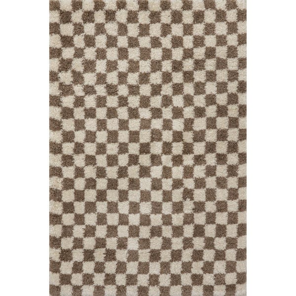 Adelaide Mid-Century Checkered Shag Area Rug Beige Doormat 3 ft. x 5 ft. Accent Rug