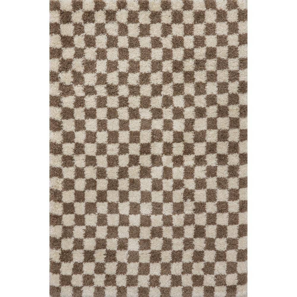 Beige and Brown Checkered Shag Synthetic Area Rug 6' x 9'