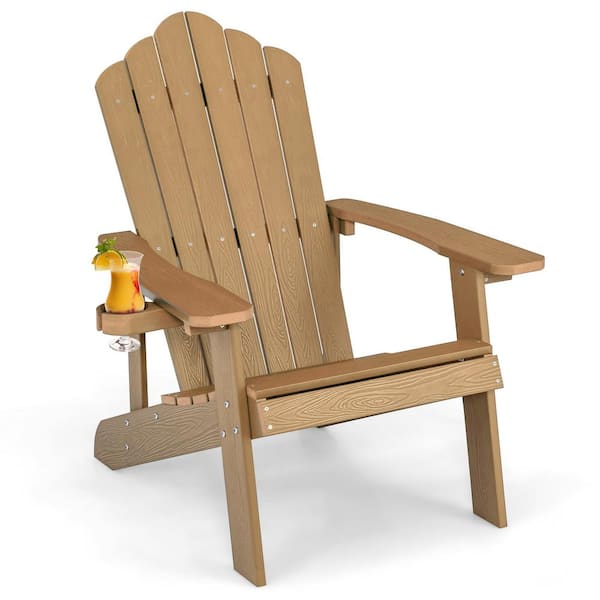 WELLFOR Brown Outdoor Plastic Adirondack Chair with Cup Holder (1-Pack)