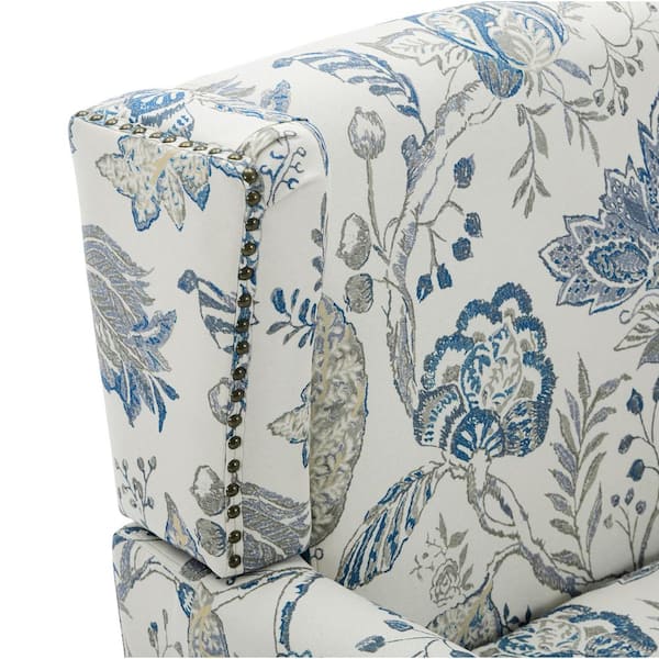Uixe Retro Plants Blue Linen Nailhead Trim Upholstered High Back