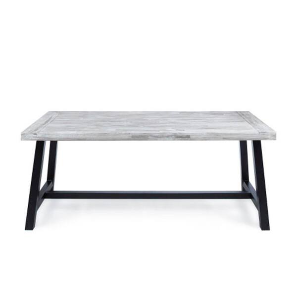 Light Grey Sandblast Finish Acacia Wood Outdoor Dining Table with Rustic Black Metal Frame