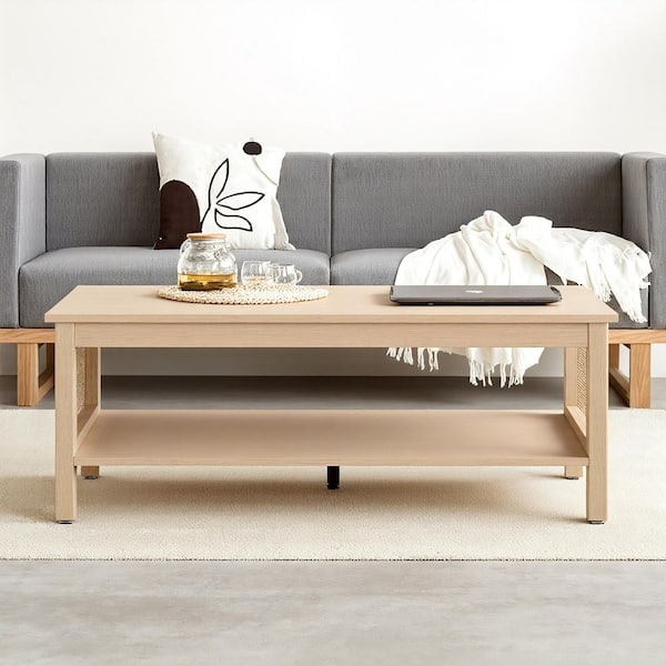 Ashlyn 41.5 in. Natural Rectangle Rattan/Wicker 2-Tier Coffee Table with Spacious Open Shelf Storage