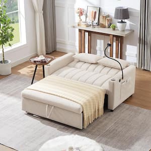 55.9 in. Beige Bella Fabric Twin Size Sofa Bed Convertible Loveseat Sofa with USB Ports, Cup Holders, Phone Holder