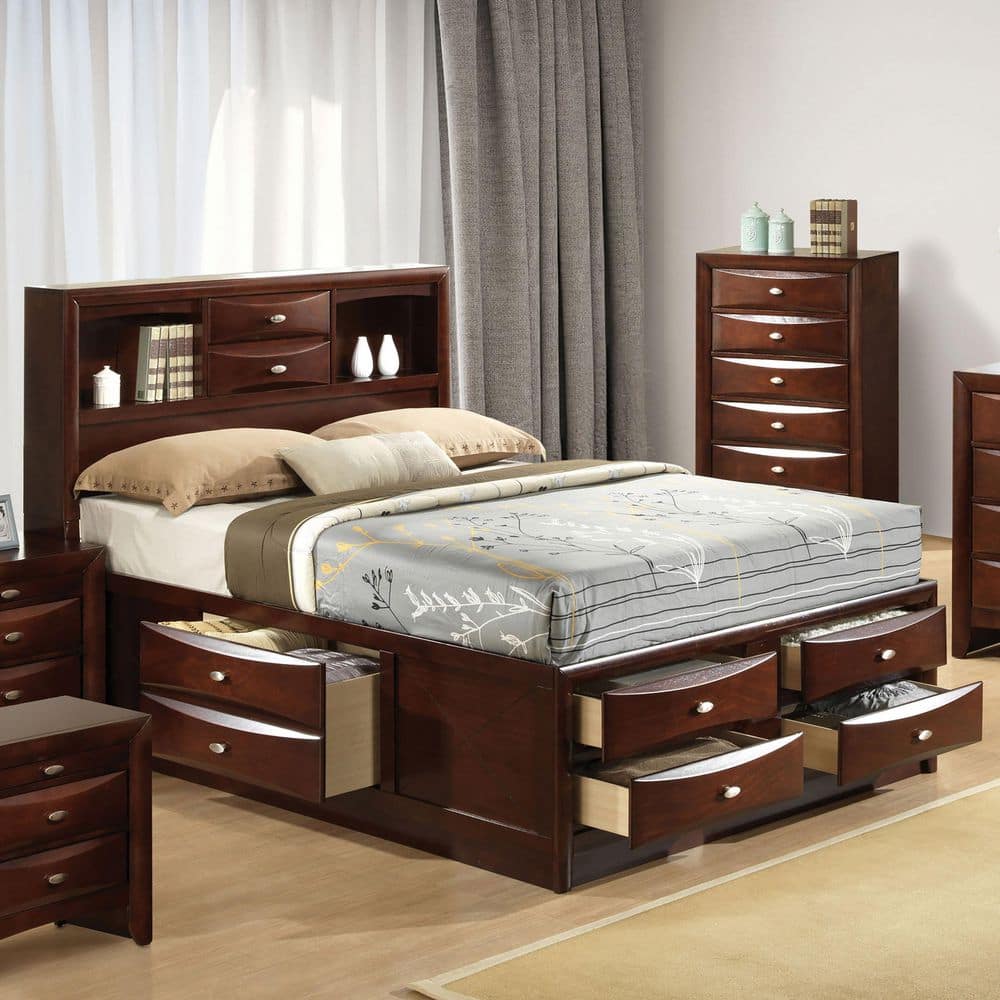 Lanten Brown Wood Frame Queen Platform Bed with Footboard Drawers, Side Rail Drawers and Headboard Bookcase price history on PriceWatchPro