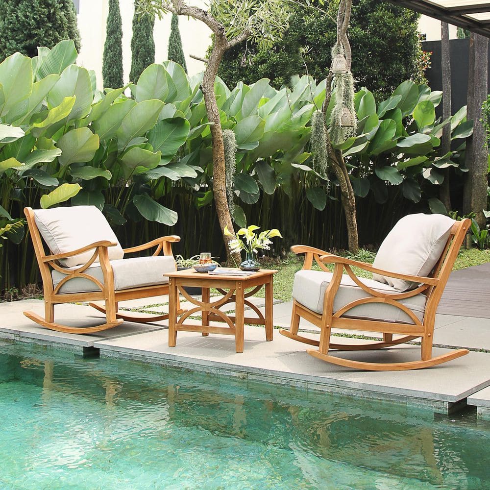 Cambridge Casual Cambridge Casual Abbington 3-Piece Teak Patio Rocker Conversation Set with Beige Cushion 610533-TW-XX-BG-XX - The Home Depot
