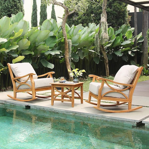 Cambridge Casual Cambridge Casual Abbington 3-Piece Teak Patio Rocker Conversation Set with Beige Cushion