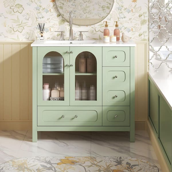 36 in. Freestanding Green Bath Vanity with White Ceramic Top and 4 Drawers Bathroom Storage Cabinet Unassembled
