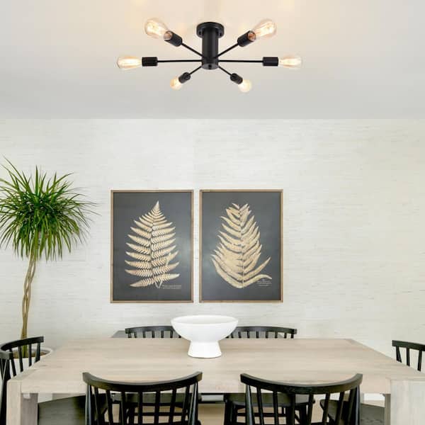 21.81 in. 6-Light Matte Black Sputnik Semi- Flush Mount For Foyer Bedroom with No Bulbs Included