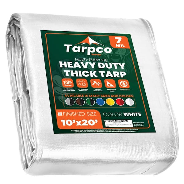 TARPCO SAFETY 10 ft. x 20 ft. White 7 Mil Heavy Duty Polyethylene Tarp, Waterproof, UV Resistant, Rip and Tear Proof