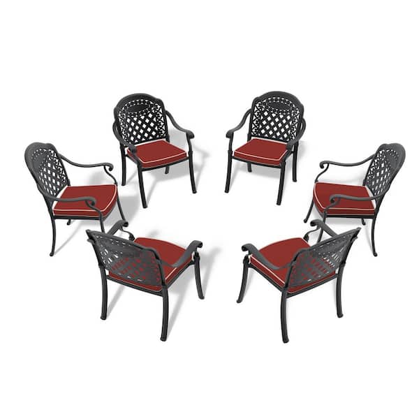 Black Cast Aluminum Stackable Outdoor Dining Chair Patio Bistro Chairs with Cushions in Random Colors (6-pack)