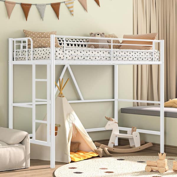 VECELO Twin Size Metal Loft Bed, White Heavy Duty Bed Frame with Removable Ladder, Safety Guardrail and Space-Saving Design Bed