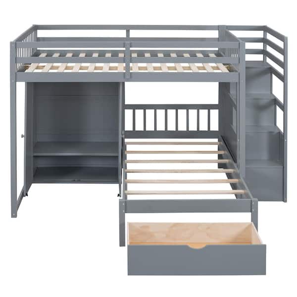 Harper & Bright Designs Gray Wood Frame Full over Twin Bunk Bed
