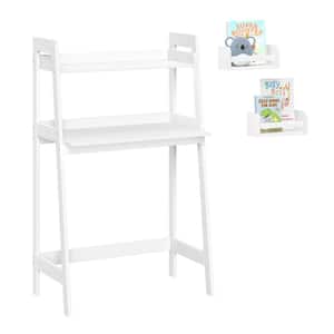 Kids White Desk with Ladder Shelf Storage and 2 10 in. W Floating Bookshelves