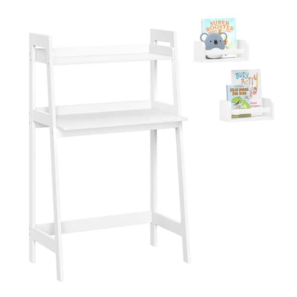 RiverRidge Home Kids White Desk with Ladder Shelf Storage and 2 10 in. W Floating Bookshelves