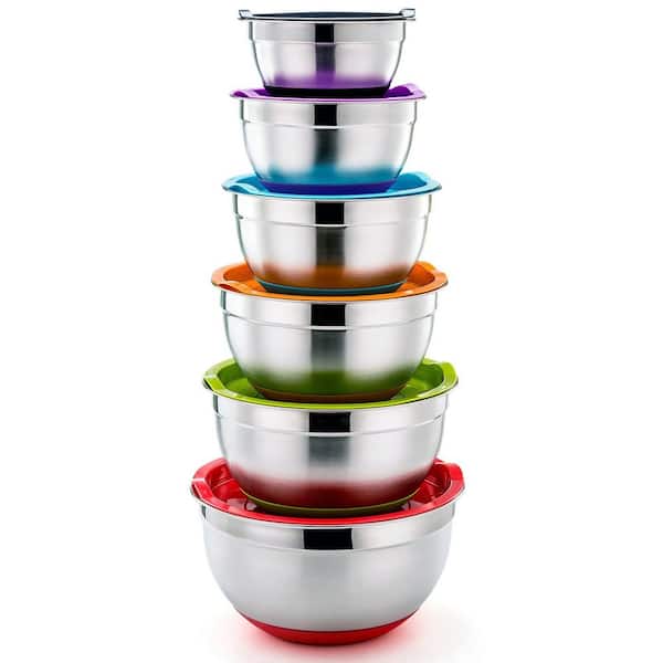 6 Pack Stainless Steel Nesting Mixing Bowls with Fitting Lids and Non-Slip Silicone Bottom, Multicolor