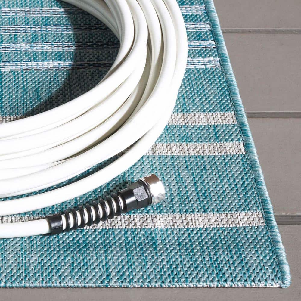 Aqua and Gray Striped Rectangular Indoor/Outdoor Rug