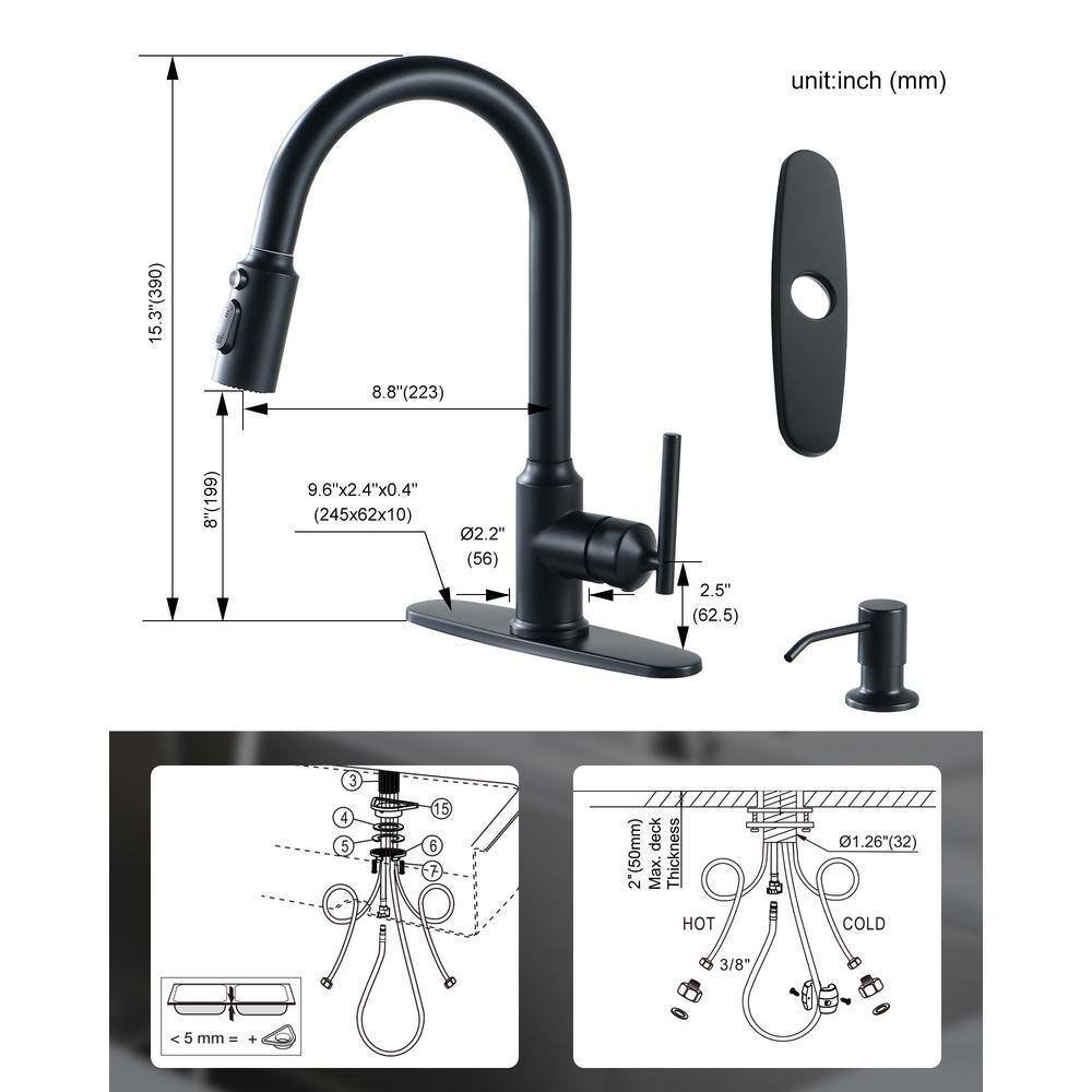 Matte Black Stainless Steel Pull-Down Kitchen Faucet with Soap Dispenser