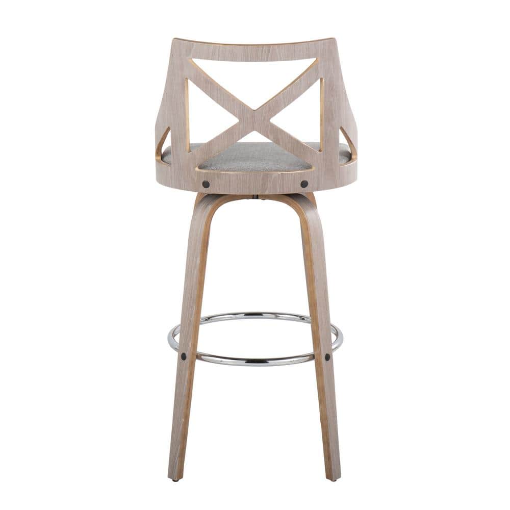 Gray Upholstered Swivel Bar Stool with Wood and Metal Frame