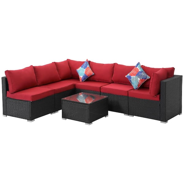 Sudzendf 7-Piece Black Wicker Outdoor Sectional Set with Red Cushions and Coffee Table