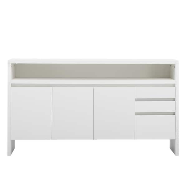 Unbranded 60 in. W x 15 in. D x 34 in. H White Linen Cabinet Sideboard with Double-Storey Tabletop, 2 Cabinets and 3 Drawers