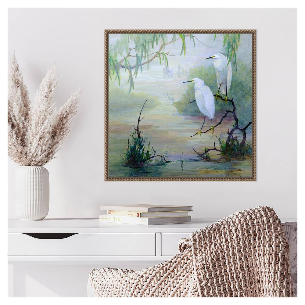 Snowy Egrets in Wetlands Bronze Framed Canvas Wall Art