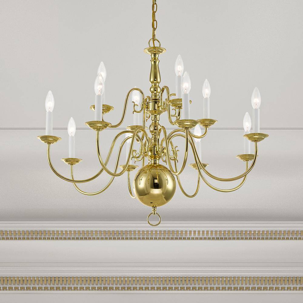 Elegant Colonial 12-Light Polished Brass Chandelier with Candelabra Base