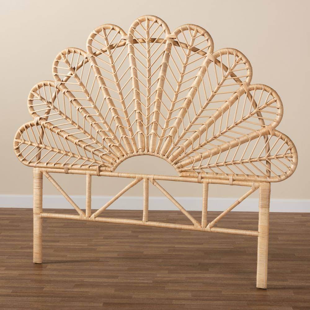 Natural Brown Rattan Queen Size Peacock Design Headboard
