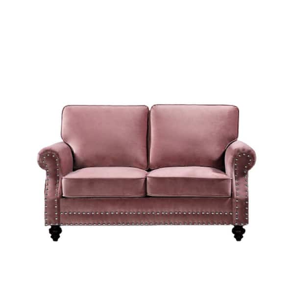 US Pride Furniture Ramos 61 in. W Pink Round Arm 2-Seats Rose Velvet Nailhead Straight Lawson Sofa
