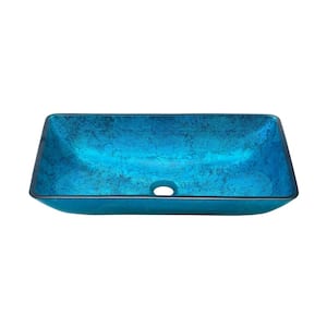 Cascade Glass Rectangular Vessel Sink in Ocean Blue with Faucet