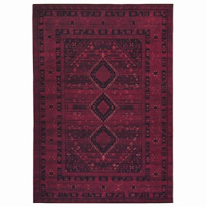 Olympus Red 4 ft. X 6 ft. Machine Washable Vintage-Turkoman Oriental Bokhara Polyester Non-Slip Backing Area Rug