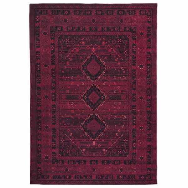 Olympus Burgundy 9 ft. x 12 ft. Machine Washable Vintage-Turkoman Oriental Bokhara Polyester Non-Slip Backing Area Rug