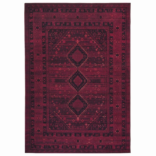 PLAYA RUG Olympus Burgundy 5 ft.4in.x 8 ft. Machine Washable Vintage-Turkoman Oriental Bokhara Polyester Non-Slip Backing Area Rug