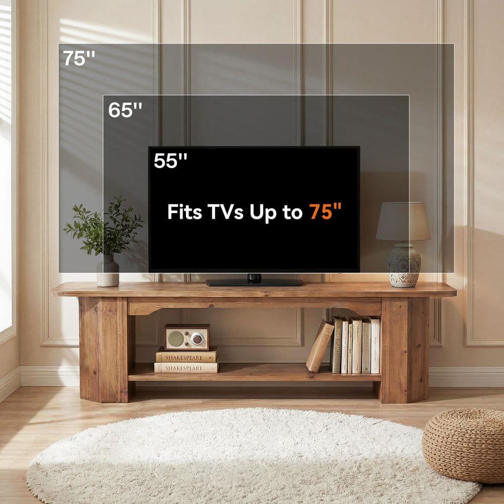 Ezlynn Brown 63 in. Solid Wood TV Stand with Shelf, Rustic TV Console Fits TV's up to 65 in.