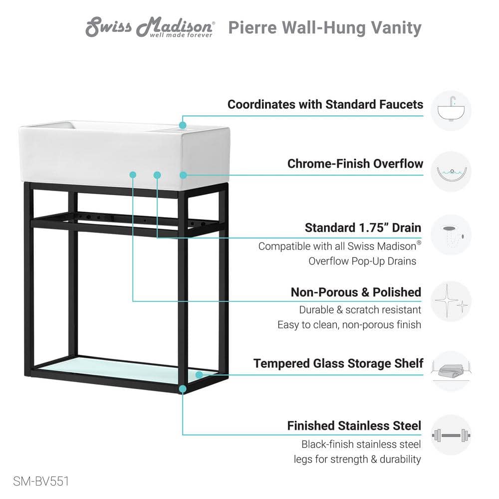 19'' Black Stainless Steel Floating Bathroom Vanity with Glossy White Ceramic Top