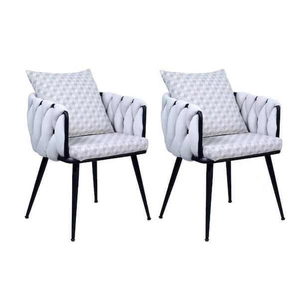 Unbranded Beige Velvet Accent Arm Chair Set of 2 Hand Weaving Dining Chairs Modern Upholstered Side Chair with Metal Legs & Pillow