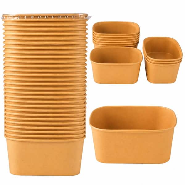 50-Set 34 oz Square Kraft Paper Salad Bowls with Lids Disposable Microwave Freezer Safe Meal Prep Sets,