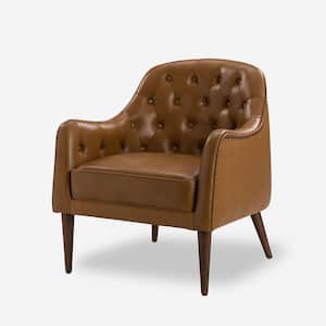 Clara 28.5 in. Wide Classic Style Camel Genuine Leather Barrel Chair with Tufted Back and Solid Wood Legs