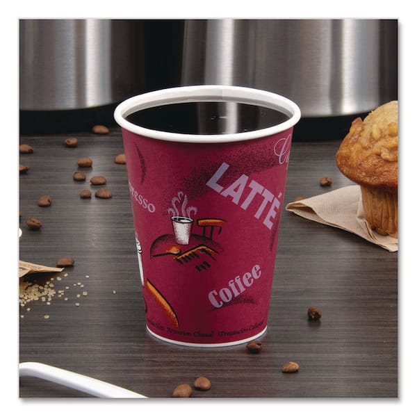 Paper Hot Drink Cups in Bistro Design, 12 oz, Maroon, 300/Carton Paper Hot Drink Cups in Bistro Design, 12 oz, Maroon, 300/Carton