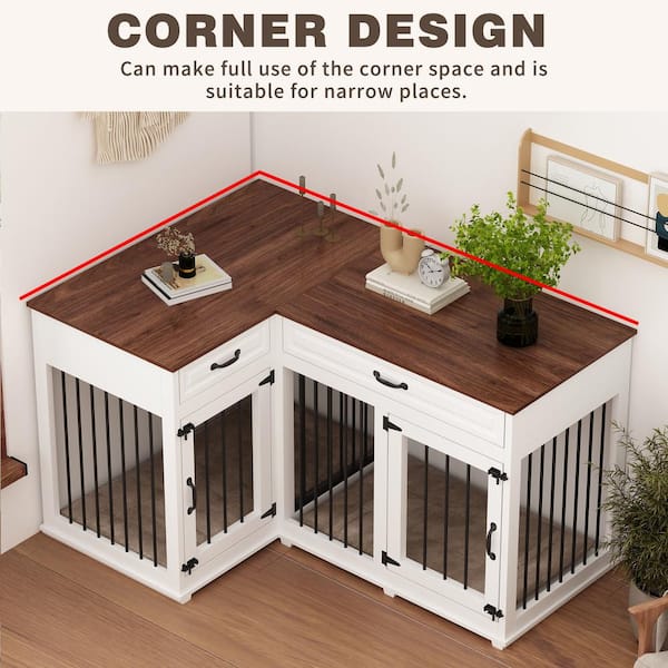 FUFU GAGA Large Dog Crate Furniture for 2 Dogs Indoor Wooden Dog Kennel Corner Dog Crate with Drawers Perfect for Limited Room