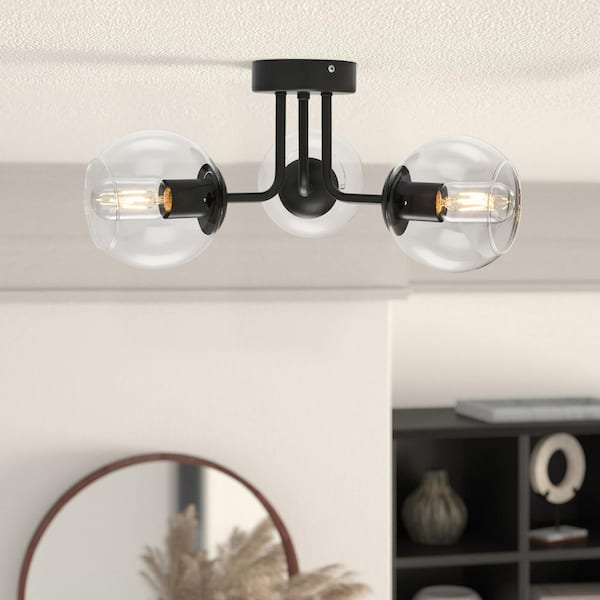 GoYeel 18.11 in. 3-Light Modern/Contemporary Black Semi-Flush Mount Ceiling Light with Spherical Glass Shade