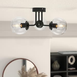 18.11 in. 3-Light Modern/Contemporary Black Semi-Flush Mount Ceiling Light with Spherical Glass Shade