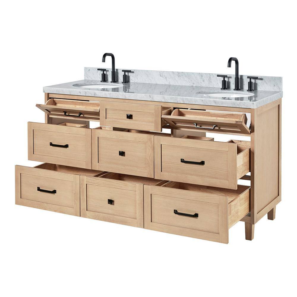 Monroe 67" Light Oak Double Vanity with Carrara Marble Top