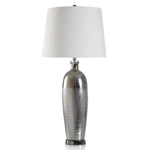 38 in. Metallic Silver, Polished Gunmetal, White Urn Task And Reading Table Lamp for Living Room with White Cotton Shade