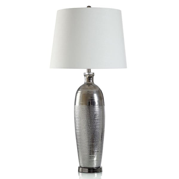 StyleCraft 38 in. Metallic Silver, Polished Gunmetal, White Urn Task And Reading Table Lamp for Living Room with White Cotton Shade